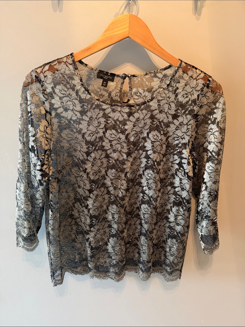 Talbots Black and Gold Floral Lace Sheer Blouse Size 10p